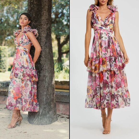 Mac Duggal 56048 Size 2 Ruffled Tiered Cut-Out Multicolored Floral Chiffon Dress - Picture 1 of 4